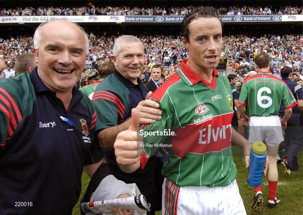 27 August 2006; Kevin O'Neill, Mayo, celebrates victory with Paddy McNicholas, left, Vice-Chairman, Mayo GAA County Board and JP Lambe, treasurer. Bank of Ireland All-Ireland Senior Football Championship Semi-Final, Dublin v Mayo, Croke Park, Dublin. Picture credit; Ray McManus / SPORTSFILE