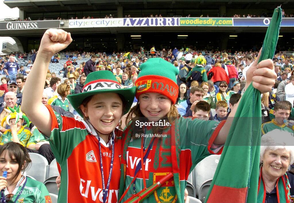 27 August 2006; Eleven year old Niamh McNea, from Mulranny, and 10 year old Kate Henegan, from Castlebar, support Mayo. Bank of Ireland All-Ireland Senior Football Championship Semi-Final, Dublin v Mayo, Croke Park, Dublin. Picture credit; Ray McManus / SPORTSFILE