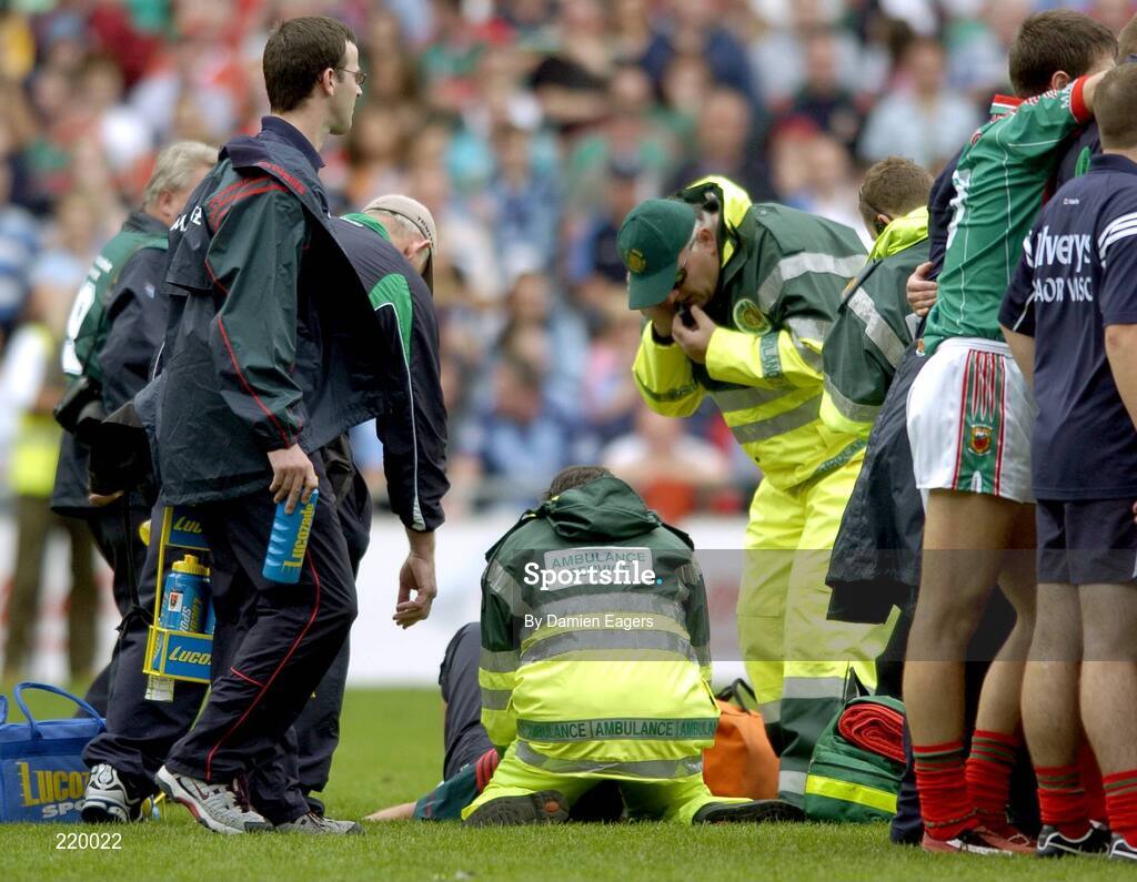 27 August 2006; Mayo Dietician Mary McNicholas is attended to by medics before the game. Bank of Ireland All-Ireland Senior Football Championship Semi-Final, Dublin v Mayo, Croke Park, Dublin. Picture credit; Damien Eagers / SPORTSFILE