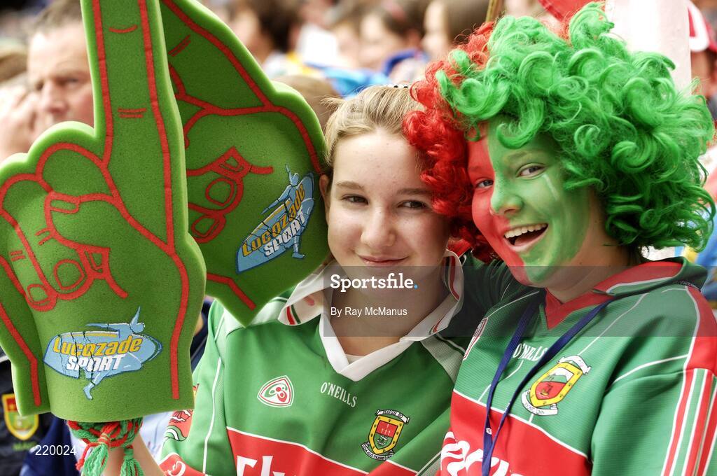 27 August 2006; Éadaoin Moore, and Eve Arnold, left, from Balbriggan, Dublin, but supporters of Mayo cheer on their team. Both girls spend their entire summer holidays in Castlebar and have supported Mayo in every game. Bank of Ireland All-Ireland Senior Football Championship Semi-Final, Dublin v Mayo, Croke Park, Dublin. Picture credit; Ray McManus / SPORTSFILE