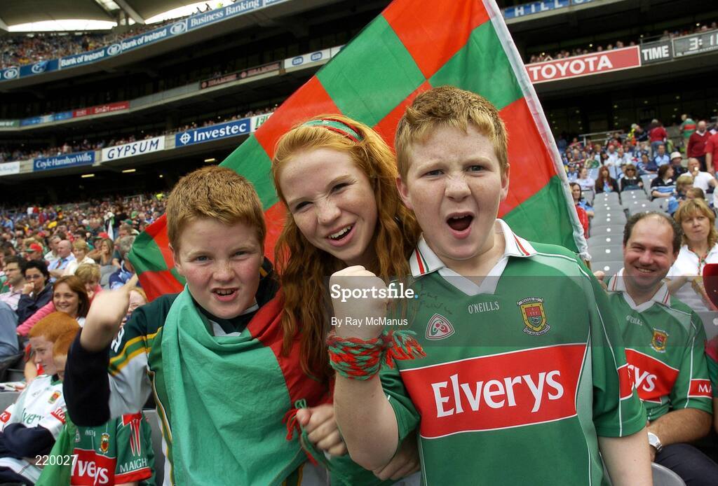 27 August 2006; Brothers David and Patrick Mellett, from Garrymore, with their cousin Roisin (Mellett) from Naas, Co. Kildare all supporting Mayo. Bank of Ireland All-Ireland Senior Football Championship Semi-Final, Dublin v Mayo, Croke Park, Dublin. Picture credit; Ray McManus / SPORTSFILE
