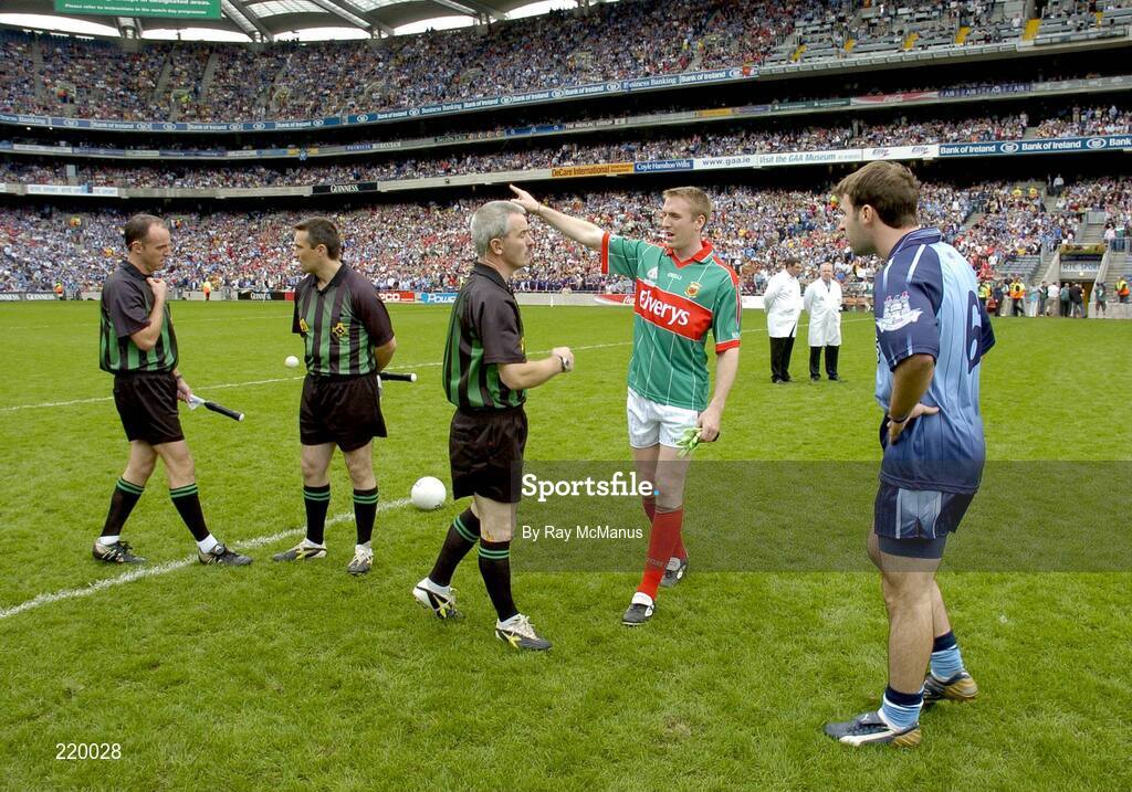 27 August 2006; Mayo captain David Heaney indicates to referee Paddy Russell, in the company of Dublin captain Bryan Cullen, his intentions to play into the Davern Stand in the first half. Bank of Ireland All-Ireland Senior Football Championship Semi-Final, Dublin v Mayo, Croke Park, Dublin. Picture credit; Ray McManus / SPORTSFILE
