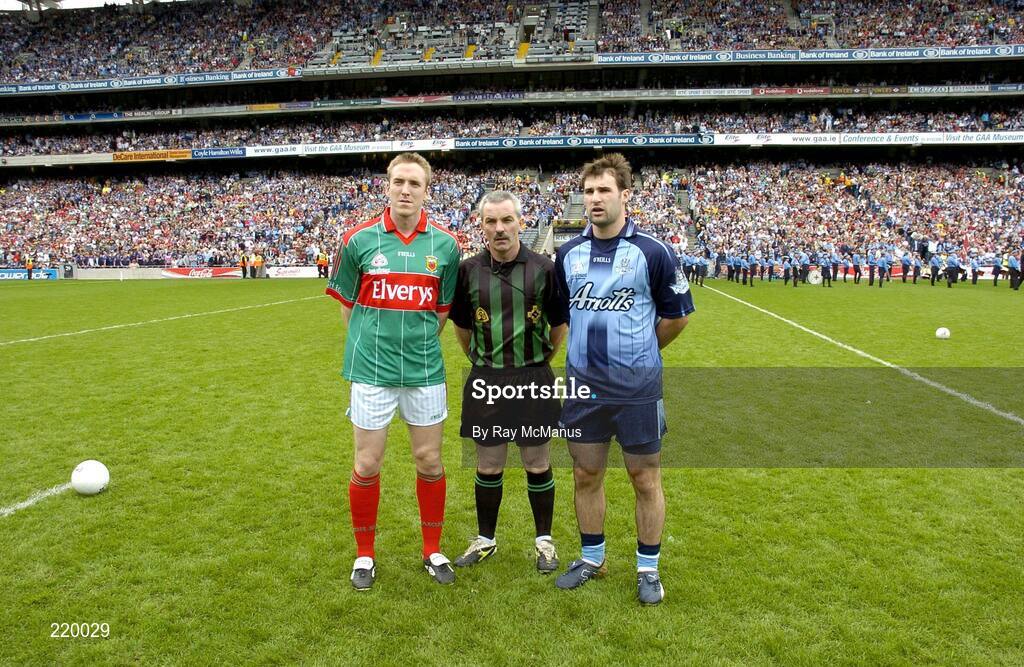 27 August 2006; Mayo captain David Heaney and Bryan Cullen, Dublin, with referee Paddy Russell before the toss. Bank of Ireland All-Ireland Senior Football Championship Semi-Final, Dublin v Mayo, Croke Park, Dublin. Picture credit; Ray McManus / SPORTSFILE