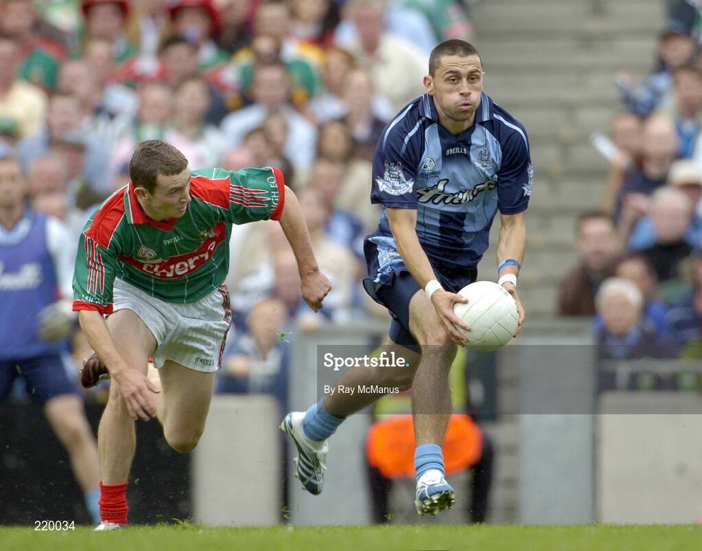 27 August 2006; Alan Brogan, Dublin, in action against Keith Higgins, Mayo. Bank of Ireland All-Ireland Senior Football Championship Semi-Final, Dublin v Mayo, Croke Park, Dublin. Picture credit; Ray McManus / SPORTSFILE