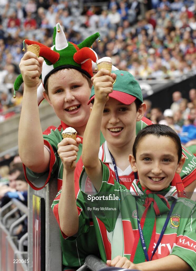 27 August 2006; You scream, I scream, we all scream for ice cream. Stephen Birrane, 12 years, David 13, and Cormack Blehein, 13, all from Moygonnagh enjoy cheering for Mayo. Bank of Ireland All-Ireland Senior Football Championship Semi-Final, Dublin v Mayo, Croke Park, Dublin. Picture credit; Ray McManus / SPORTSFILE