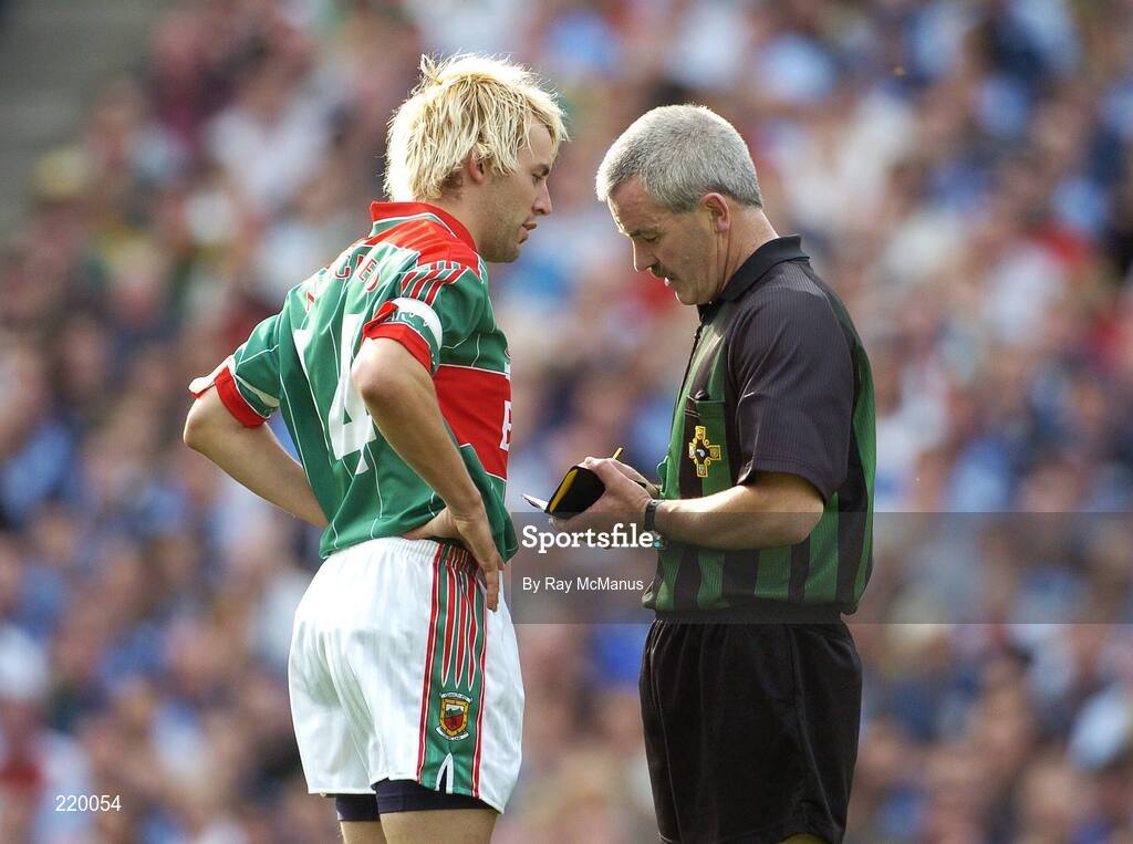 27 August 2006; Conor Mortimer, Mayo, is booked by referee Paddy Russell. Bank of Ireland All-Ireland Senior Football Championship Semi-Final, Dublin v Mayo, Croke Park, Dublin. Picture credit; Ray McManus / SPORTSFILE