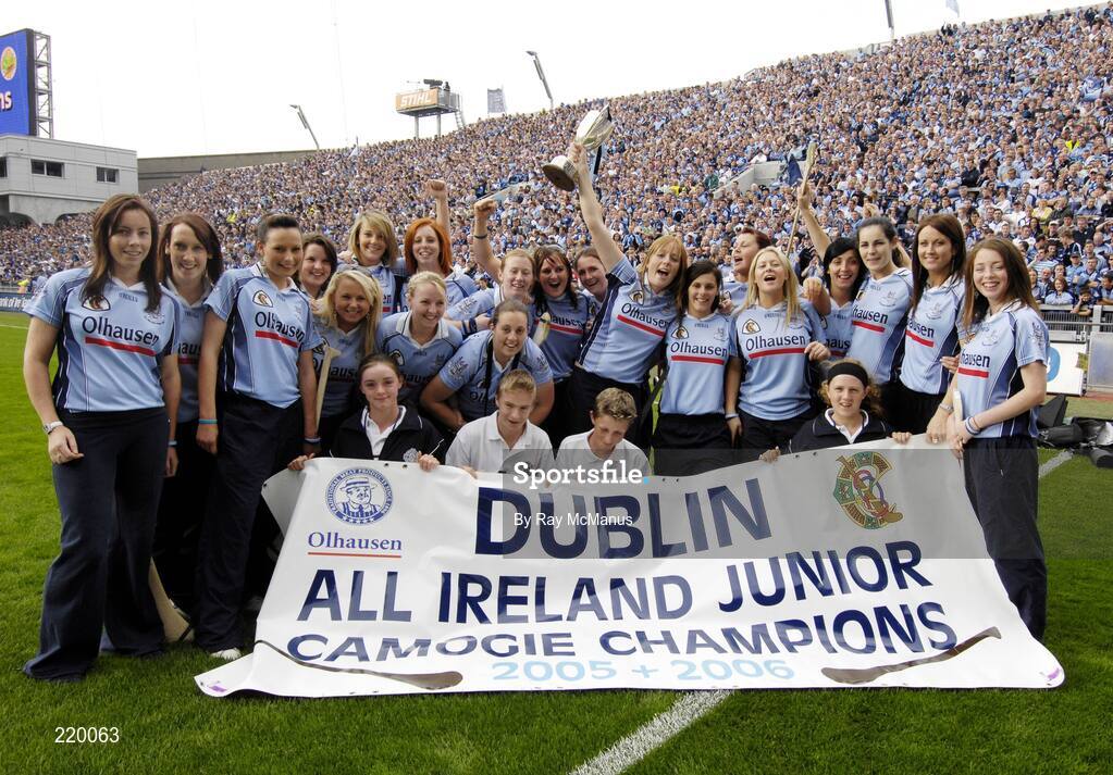 27 August 2006; Members of the Dublin junior camogie team who recently won the All-Ireland Championship in front of Hill 16. Bank of Ireland All-Ireland Senior Football Championship Semi-Final, Dublin v Mayo, Croke Park, Dublin. Picture credit; Ray McManus / SPORTSFILE