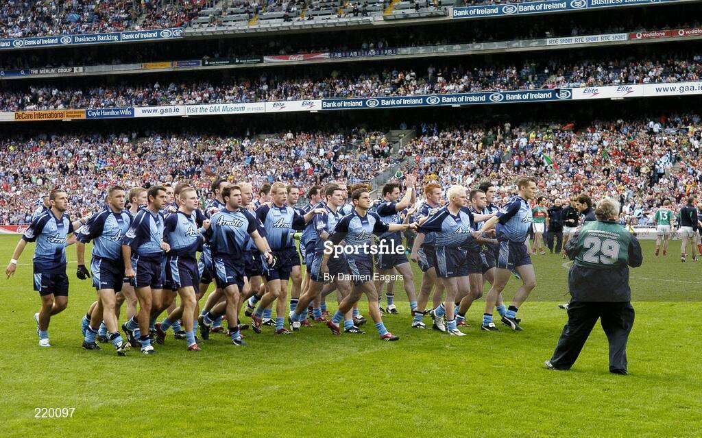 27 August 2006; Dublin players march as one to salute the Dublin supporters in Hill 16. Bank of Ireland All-Ireland Senior Football Championship Semi-Final, Dublin v Mayo, Croke Park, Dublin. Picture credit; Damien Eagers / SPORTSFILE
