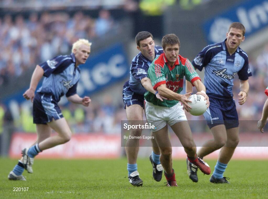 27 August 2006; Pat Harte, Mayo, in action against Dublin players from left to right Mark Vaughan, Colin Moran and Conal Keaney, Bank of Ireland All-Ireland Senior Football Championship Semi-Final, Dublin v Mayo, Croke Park, Dublin. Picture credit; Damien Eagers / SPORTSFILE