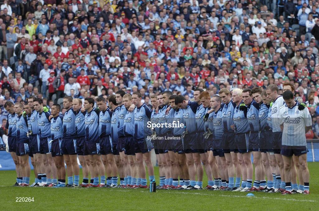 27 August 2006; The Dublin team stand for a minutes silence in memory of the Dublin manager Paul Caffrey's cousin also named Paul Caffrey. Bank of Ireland All-Ireland Senior Football Championship Semi-Final, Dublin v Mayo, Croke Park, Dublin. Picture credit; Brian Lawless / SPORTSFILE