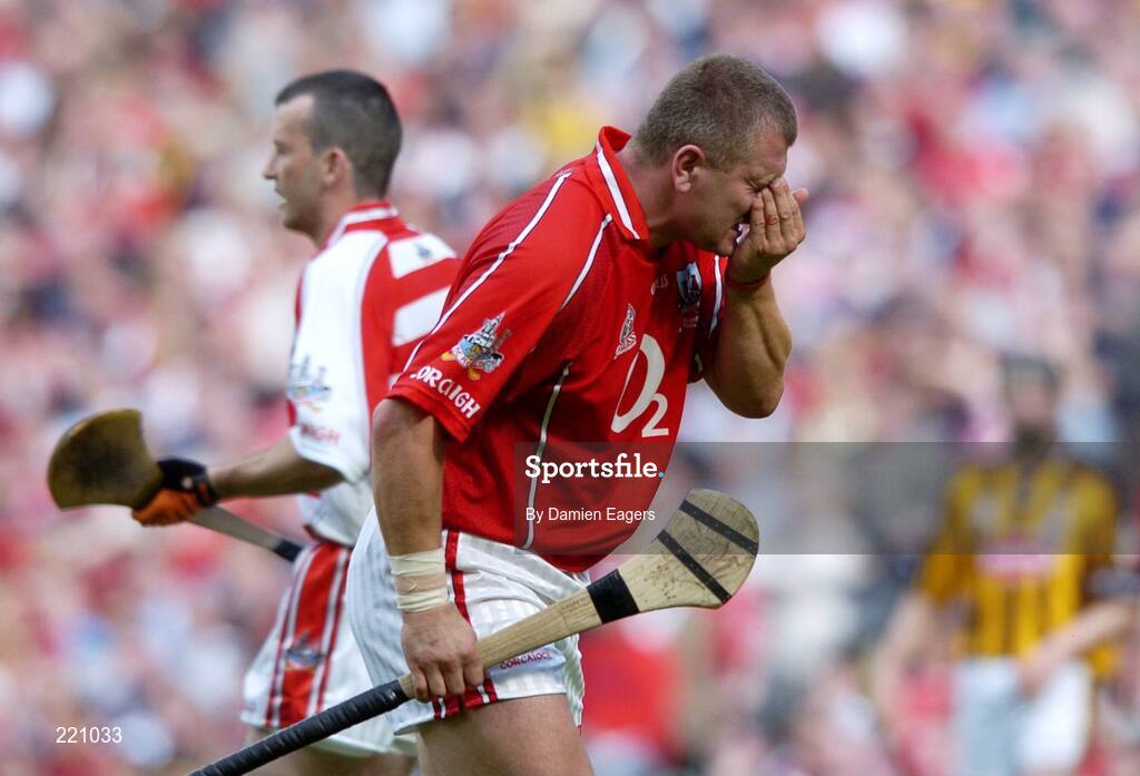 3 September 2006; Cork's Diarmuid O'Sullivan holds his face after a clash with Kilkenny's Martin Comerford. Guinness All-Ireland Senior Hurling Championship Final, Cork v Kilkenny, Croke Park, Dublin. Picture credit: Damien Eagers / SPORTSFILE
