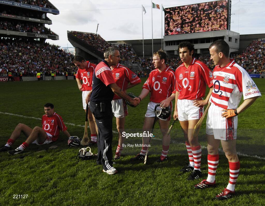 3 September 2006; Cork manager John Allen commiserates with his players, l to r, Ronan Curran, John Gardiner, Kieran Murphy, Sarsfields, Wayne Sherlock, Sean Og O hAilpin and Donal Og Cusack. Guinness All-Ireland Senior Hurling Championship Final, Cork v Kilkenny, Croke Park, Dublin. Picture credit: Ray McManus / SPORTSFILE