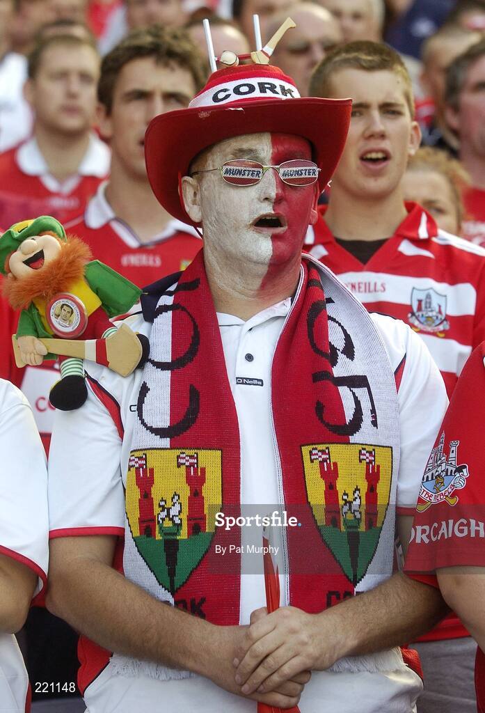 3 September 2006; A Cork supporter sings the national anthem. Guinness All-Ireland Senior Hurling Championship Final, Cork v Kilkenny, Croke Park, Dublin. Picture credit: Pat Murphy / SPORTSFILE