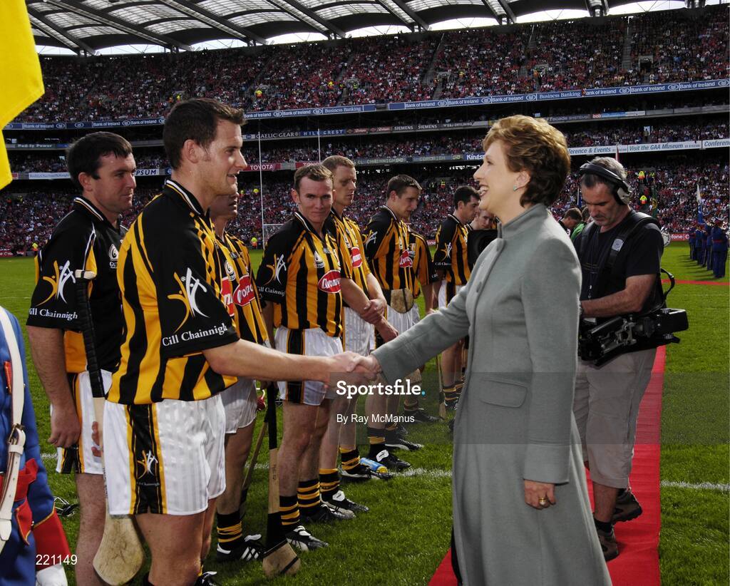 3 September 2006; The President Mary McAleese is introduced to Kilkenny captin Jackie Tyrrell before the game. Guinness All-Ireland Senior Hurling Championship Final, Cork v Kilkenny, Croke Park, Dublin. Picture credit: Ray McManus / SPORTSFILE