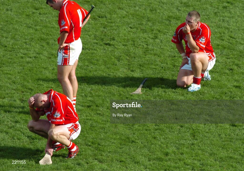 3 September 2006; Cork players Brian Corcoran, left, Niall McCarthy and Diarmuid O Sullivan, right, after the game. Guinness All-Ireland Senior Hurling Championship Final, Cork v Kilkenny, Croke Park, Dublin. Picture credit: Ray Ryan / SPORTSFILE