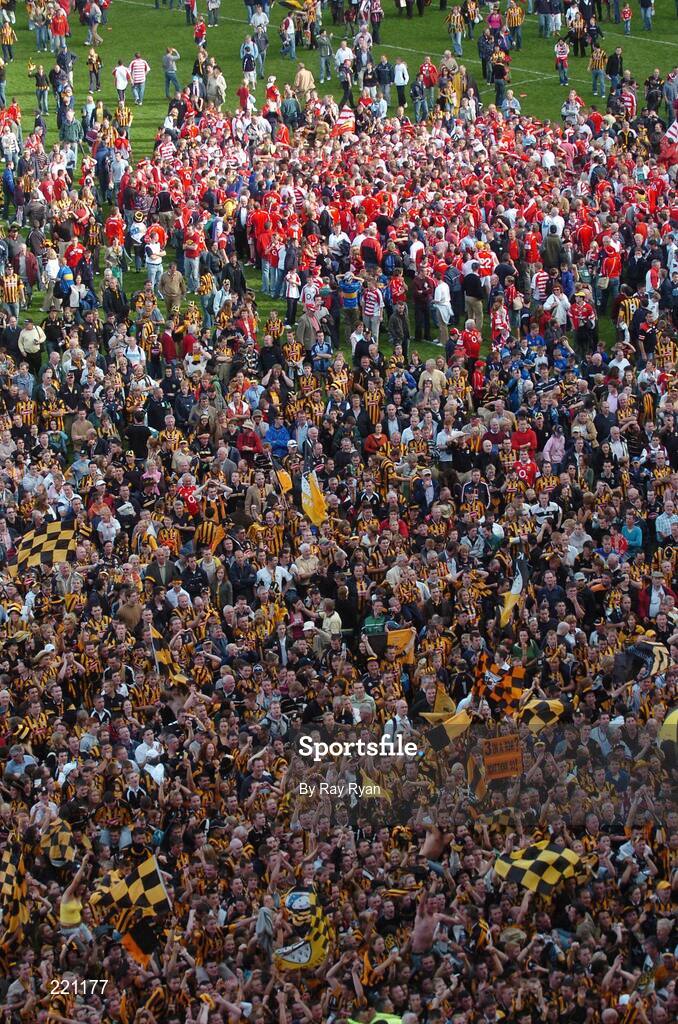3 September 2006; Cork and Kilkenny supporters on the pitch to meet their teams after the match. Guinness All-Ireland Senior Hurling Championship Final, Cork v Kilkenny, Croke Park, Dublin. Picture credit: Ray Ryan / SPORTSFILE