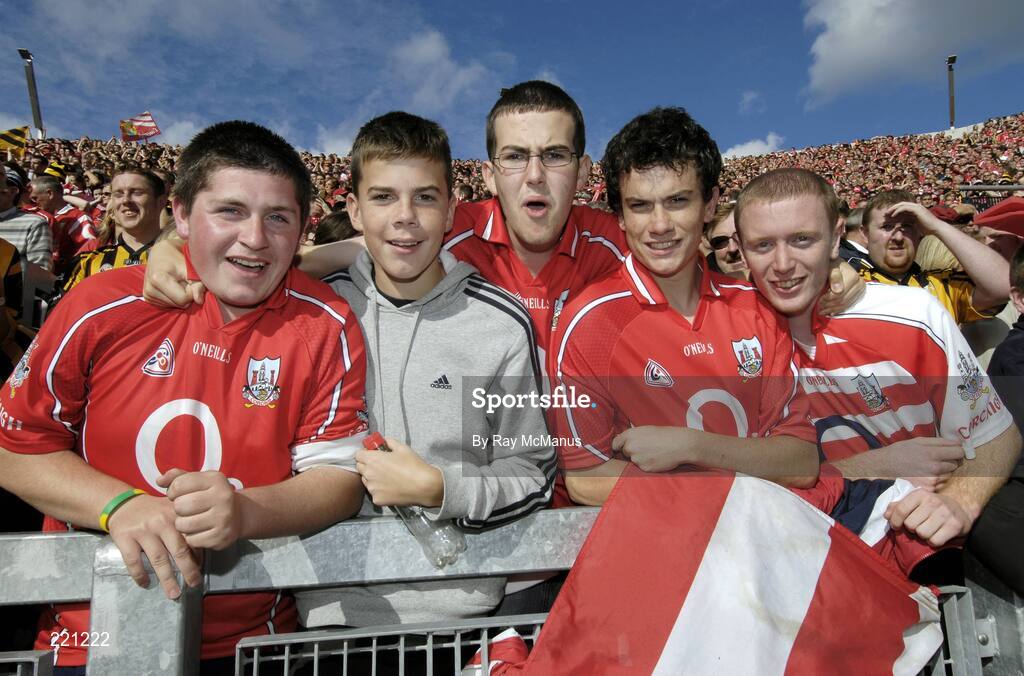 3 September 2006; Sars Hurling Club members and Cork supporters Drew Long, Kieran Kenneally, Daniel Spillane, Darren Kenneally and Michael Brennan, from Glanmire, on Hill 16. Guinness All-Ireland Senior Hurling Championship Final, Cork v Kilkenny, Croke Park, Dublin. Picture credit: Ray McManus / SPORTSFILE