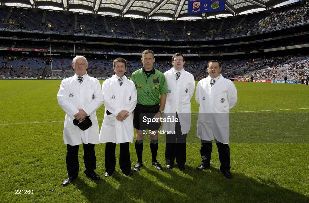 3 September 2006; Referee Dominic Connolly with umpires Tony Fleming, Noel Kenny, Richard Hogan and Maurice Flynn before the game. ESB All-Ireland Minor Hurling Championship Final, Galway v Tipperary, Croke Park, Dublin. Picture credit: Ray McManus / SPORTSFILE