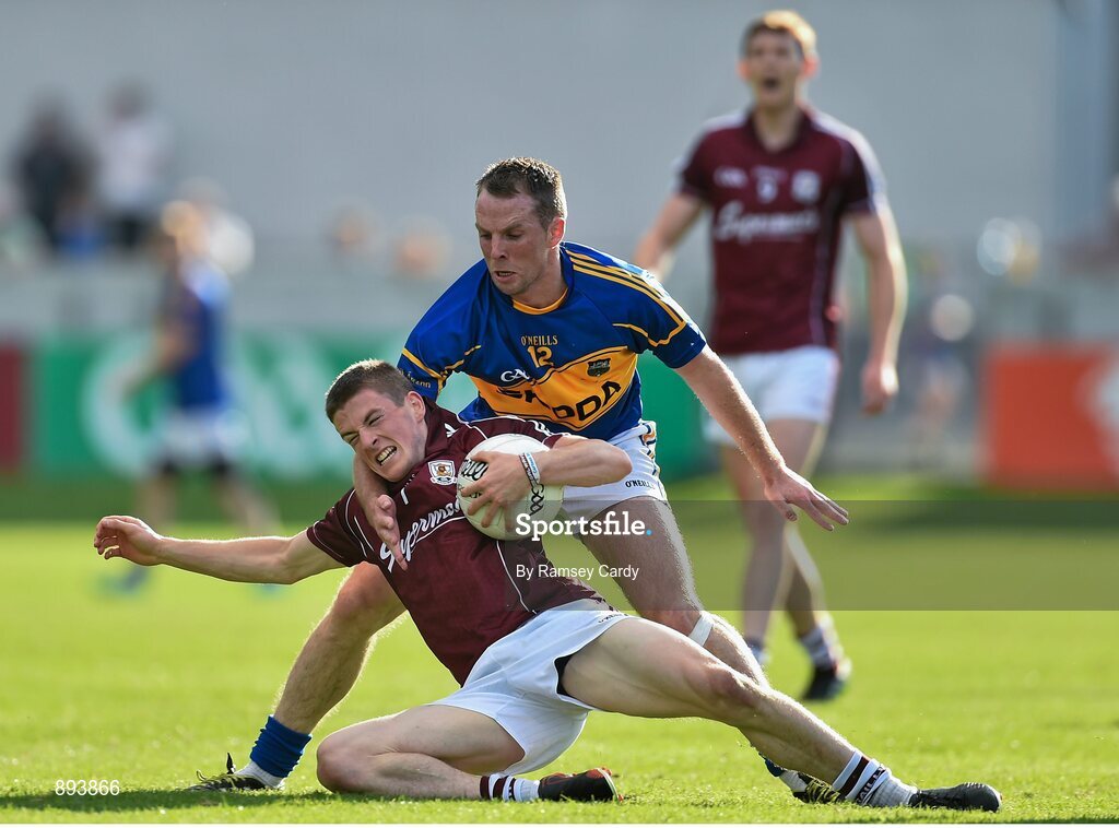 26 July 2014; Paul Varley, Galway, in action against Peter Acheson, Tipperary. GAA Football All Ireland Senior Championship, Round 4A, Galway v Tipperary. O'Connor Park, Tullamore, Co. Offaly. Picture credit: Ramsey Cardy / SPORTSFILE