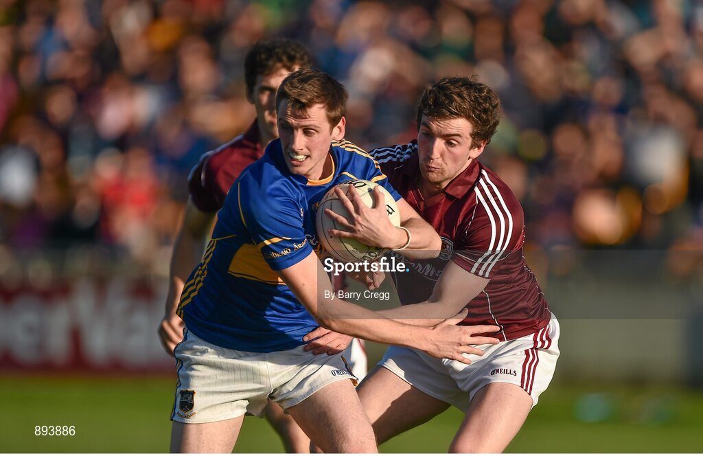 26 July 2014; Conor Sweeney, Tipperary, in action against Joss Moore, Galway. GAA Football All Ireland Senior Championship, Round 4A, Galway v Tipperary. O'Connor Park, Tullamore, Co. Offaly. Picture credit: Barry Cregg / SPORTSFILE
