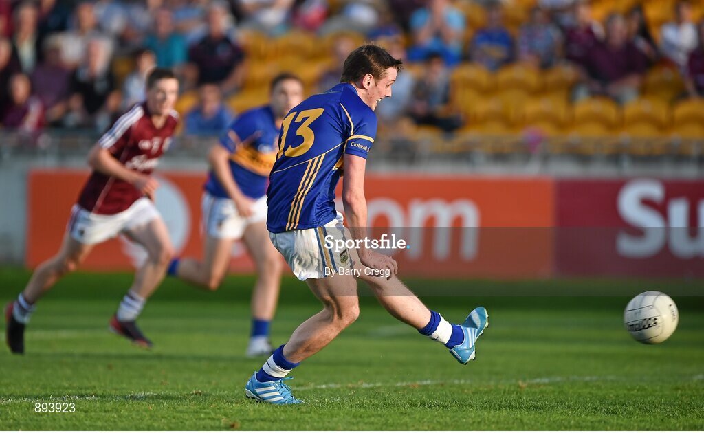 26 July 2014; Conor Sweeney, Tipperary, takes a succesful penalty kick to score his side's fourth goal of the game. GAA Football All Ireland Senior Championship, Round 4A, Galway v Tipperary. O'Connor Park, Tullamore, Co. Offaly. Picture credit: Barry Cregg / SPORTSFILE