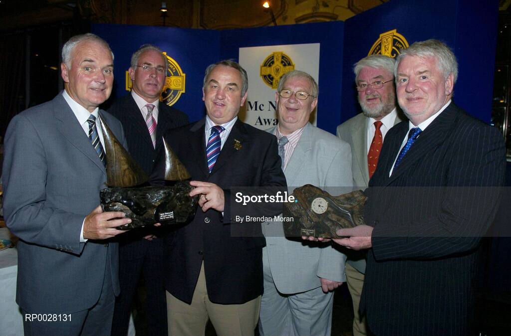 15 July 2006; Kerry recepients at the 2006 GAA MacNamee awards, from left, John Barry, former Sports Editor of the Kerryman, who received the Hall of Fame award, Sean Walsh, Chairman of the Kerry County Board, Nickey Brennan, GAA President, Willie O'Connor, PRO Kerry County Board, Danny Lynch, PRO, GAA, and Eamon O'Sullivan, Secretary of the Kerry County Board, who received the Special Merit award on behalf of the Kerry County Board. Burlington Hotel, Dublin. Picture credit: Brendan Moran / SPORTSFILE