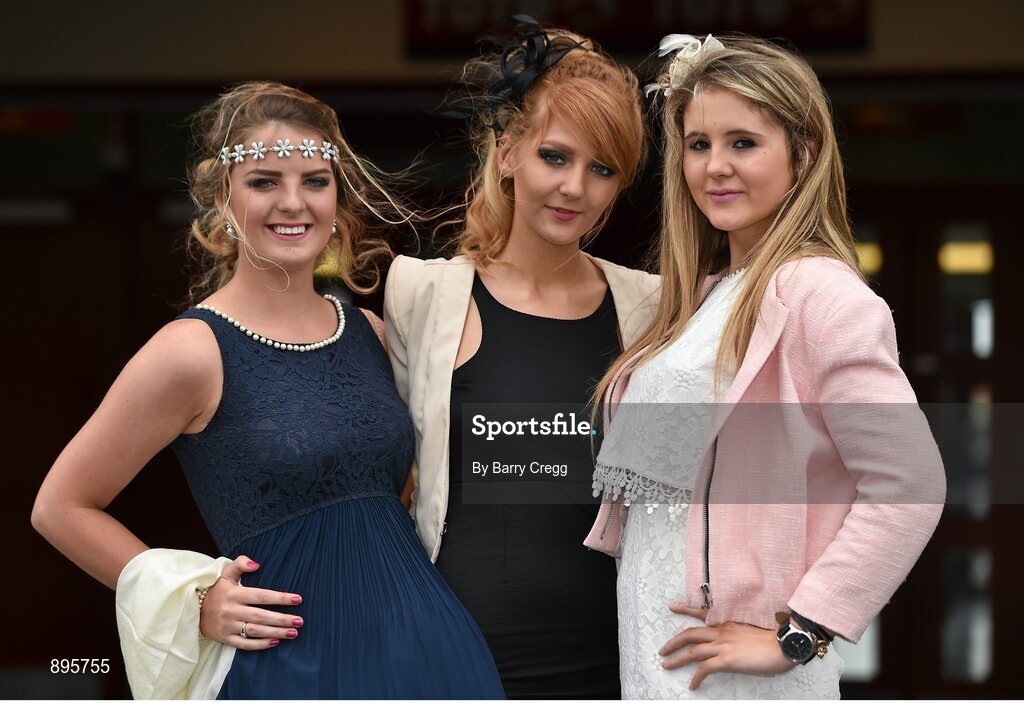 31 July 2014; Pictured are, from left to right, Amy Sargent, from Corbally, Co. Limerick, Ann Batman, from Fedamore, Co. Limerick and Caoimhe Gleeson, from Ballasheedy, Co. Limerick, enjoying a day at the races. Galway Racing Festival, Ballybrit, Co. Galway. Picture credit: Barry Cregg / SPORTSFILE