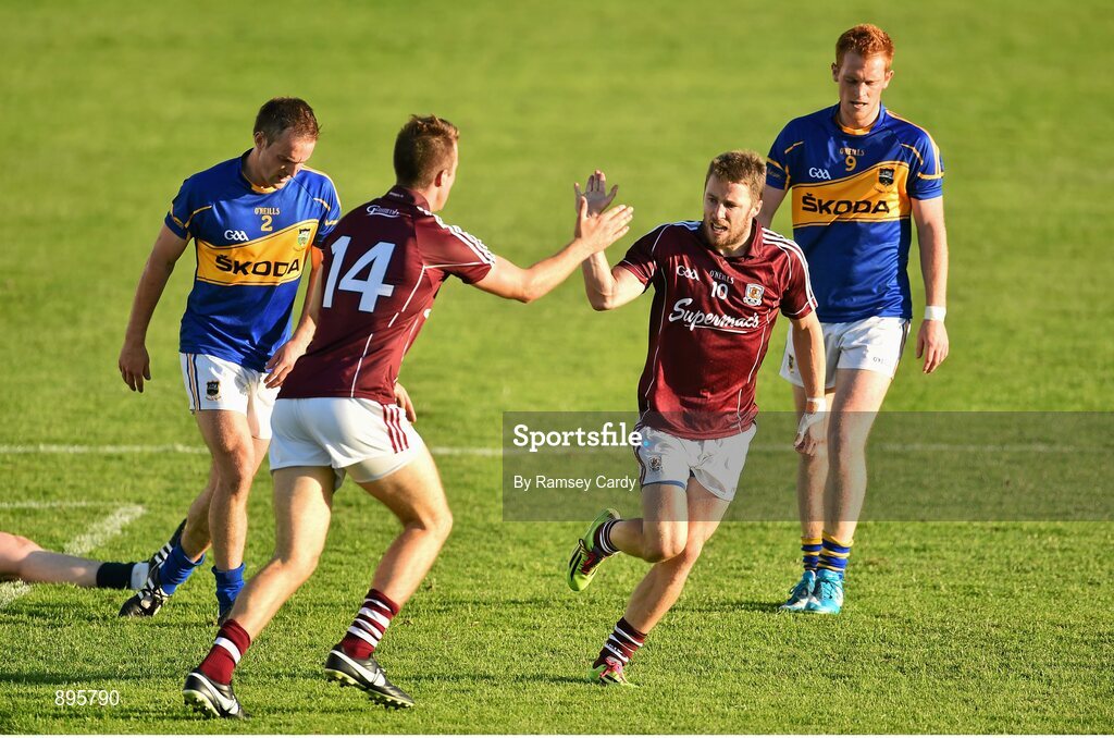 26 July 2014; Michael Lundy, Galway, is congratulated by team-mate Paul Conroy after scoring a goal. GAA Football All Ireland Senior Championship, Round 4A, Galway v Tipperary. O'Connor Park, Tullamore, Co. Offaly. Picture credit: Ramsey Cardy / SPORTSFILE