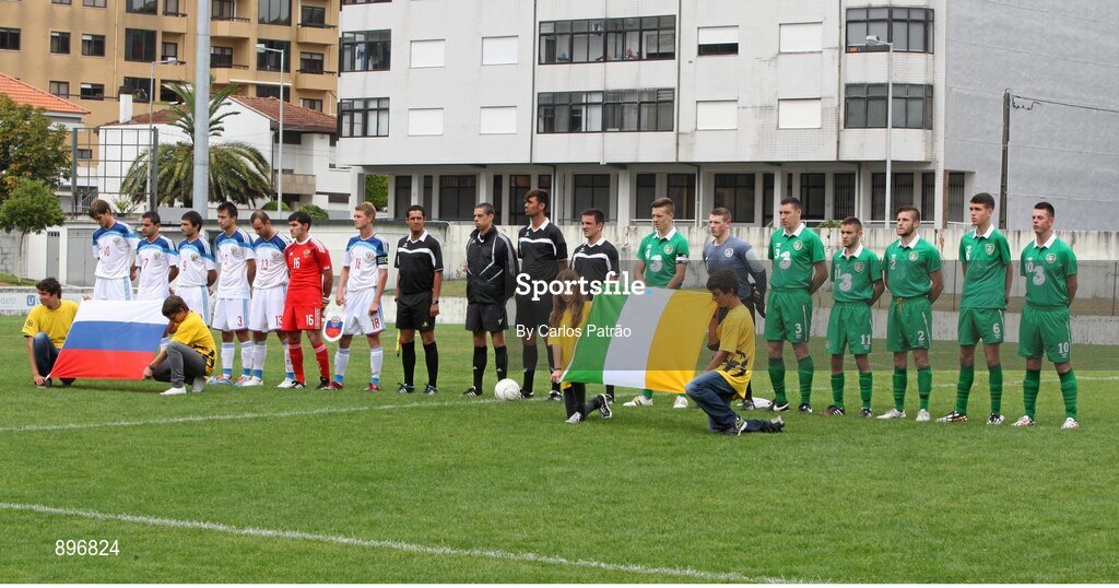 2 August 2014; Both teams line up ahead of the game. 2014 CPISRA Football 7-A-Side European Championship 3rd/4th Place Play-Off, Ireland v Russia, Maia, Portugal. Picture credit: Carlos Patrão / SPORTSFILE