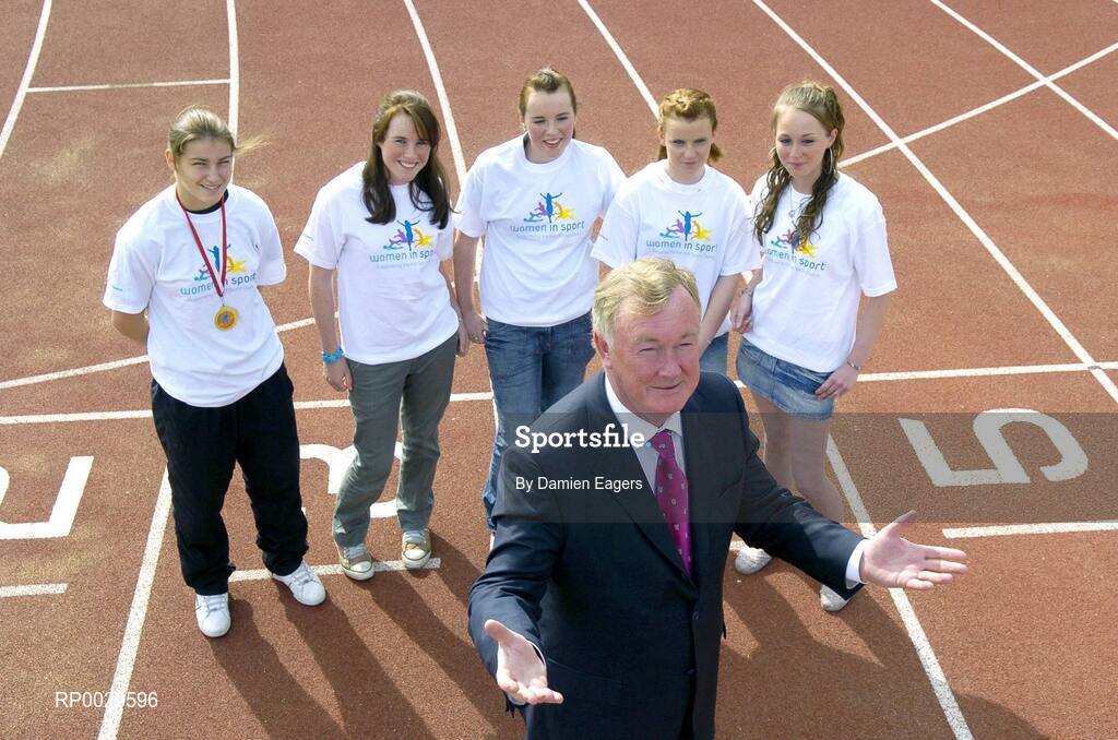 14 September 2006; Minister for Arts, Sport and Tourism, John O'Donoghue, T.D., with from left, Katie Taylor, with her second gold medal in the Women's European Senior Championship, Jenny Halian, Sarah Halian, Katie Wickham and Aisling Wickham, all athletes in the Dunboyne Athletics Club at an announcement of the allocation of more than €2 million under the 'Women in Sport' initiative. This initiative has been developed to encourage girls and women into sport and supporting women's roles within sports organisations. Irishtown Athletic Stadium, Ringsend, Dublin. Picture credit: Damien Eagers / SPORTSFILE
