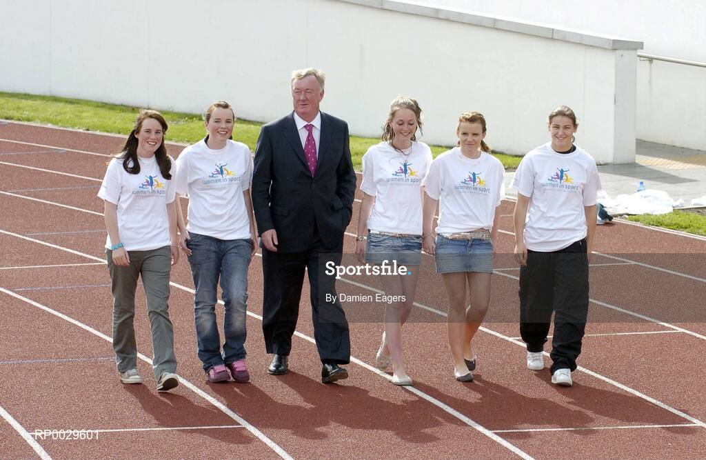 14 September 2006; Minister for Arts, Sport and Tourism, John O'Donoghue, T.D., with from left Jenny Halian, Sarah Halian, Aisling Duffy, Katie Wickham, all athletes from the Dunboyne Athletics Club, and Irish Boxer Katie Taylor at an announcement by Minister John O’Donoghue T.D. of the allocation of more than €2 million under the 'Women in Sport' initiative. This initiative has been developed to encourage girls and women into sport and supporting women's roles within sports organisations. Irishtown Athletic Stadium, Ringsend, Dublin. Picture credit: Damien Eagers / SPORTSFILE