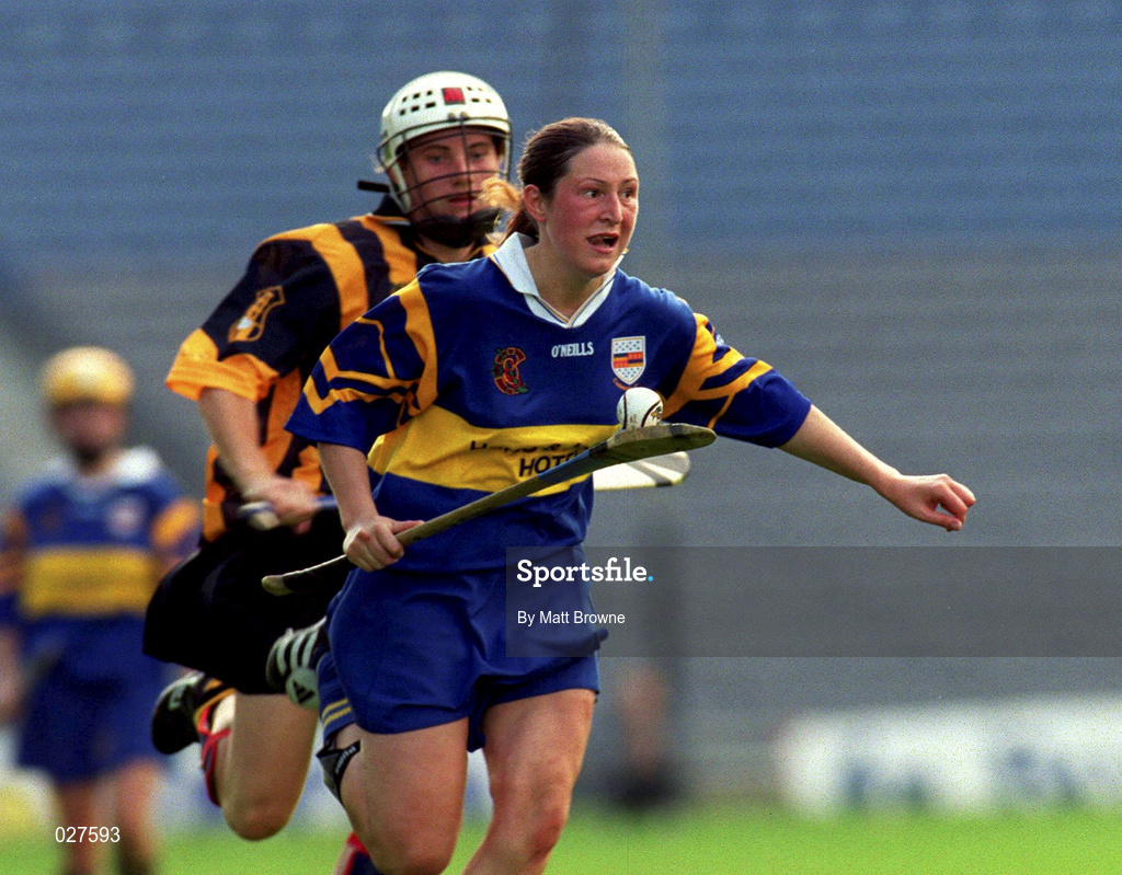 5 September 1999; Angela McDermott of Tipperary in action against Kelly Long of Kilkenny during the Bórd na Gaeilge All-Ireland Senior Camogie Championship Final between Tipperary and Kilkenny. Photo by Matt Browne/Sportsfile