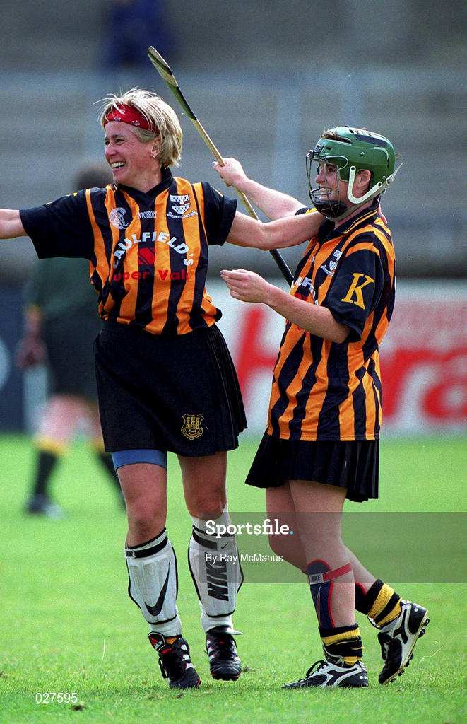 7 Aug 1999; Ann Downey, left, and and Sinéad Millea of Kilkenny celebrate followig the Bórd na Gaeilge All-Ireland Senior Camogie Championship Semi-Final match between Kilkenny and Cork at Parnell Park in Dublin. Photo by Ray McManus/Sportsfile
