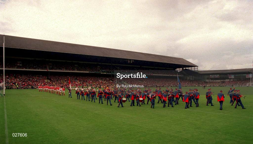 26 September 1999; The Artane Boys Band lead the pre-match parade prior to the Bank of Ireland All-Ireland Senior Football Championship Final between Meath and Cork at Croke Park in Dublin. Photo by Ray McManus/Sportsfile
