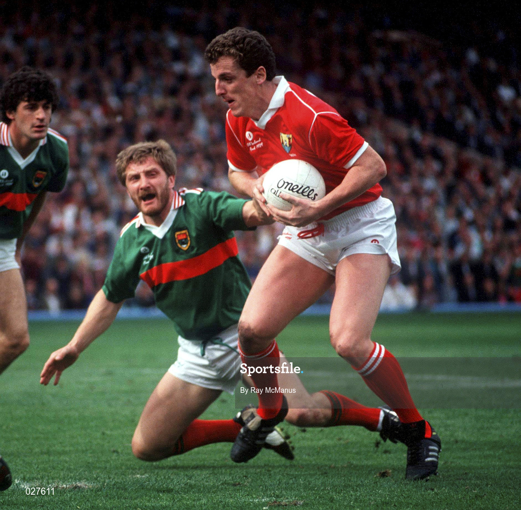 17 September 1989; Barry Coffey of Cork in action against Michael Collins of Mayo during the All-Ireland Senior Football Championship Final between Cork and Mayo at Croke Park in Dublin. Photo by Ray McManus/Sportsfile