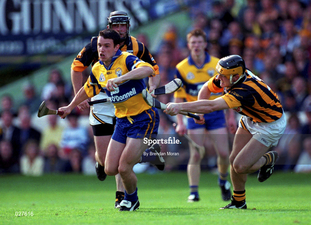 15 August 1999; Barry Murphy of Clare in action against Canice Brennan of Kilkenny during the Guinness All-Ireland Senior Hurling Championship Semi-Final match between Kilkenny and Clare at Croke Park in Dublin. Photo by Brendan Moran/Sportsfile