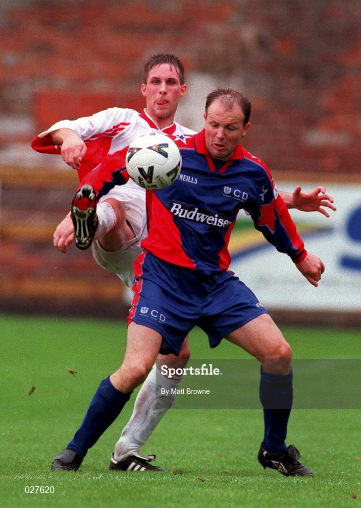 12 September 1999; Peter Hanrahan of UCD in action against Billy Clery of Galway United during the Eircom League Premier Division match between UCD and Galway United at Belfield Park in Dublin. Photo by Matt Browne/Sportsfile