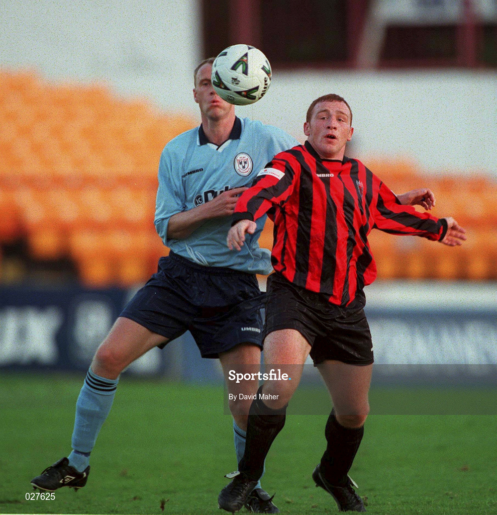 20 Aug 1999; Glen Crowe of Bohemians in action against Tony McCarthy of Shelbourne during the Eircom League Premier Division match between Bohemians and Shelbourne at Tolka Park in Dublin. Photo by David Maher/Sportsfile