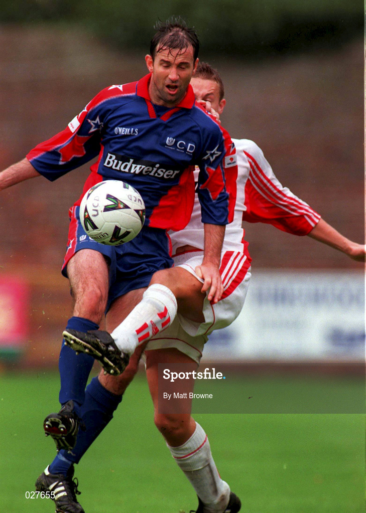 12 September 1999; Brian Mooney of UCD in action against Gareth Gorman of Galway United during the Eircom League Premier Division match between UCD and Galway United at Belfield Park in Dublin. Photo by Matt Browne/Sportsfile
