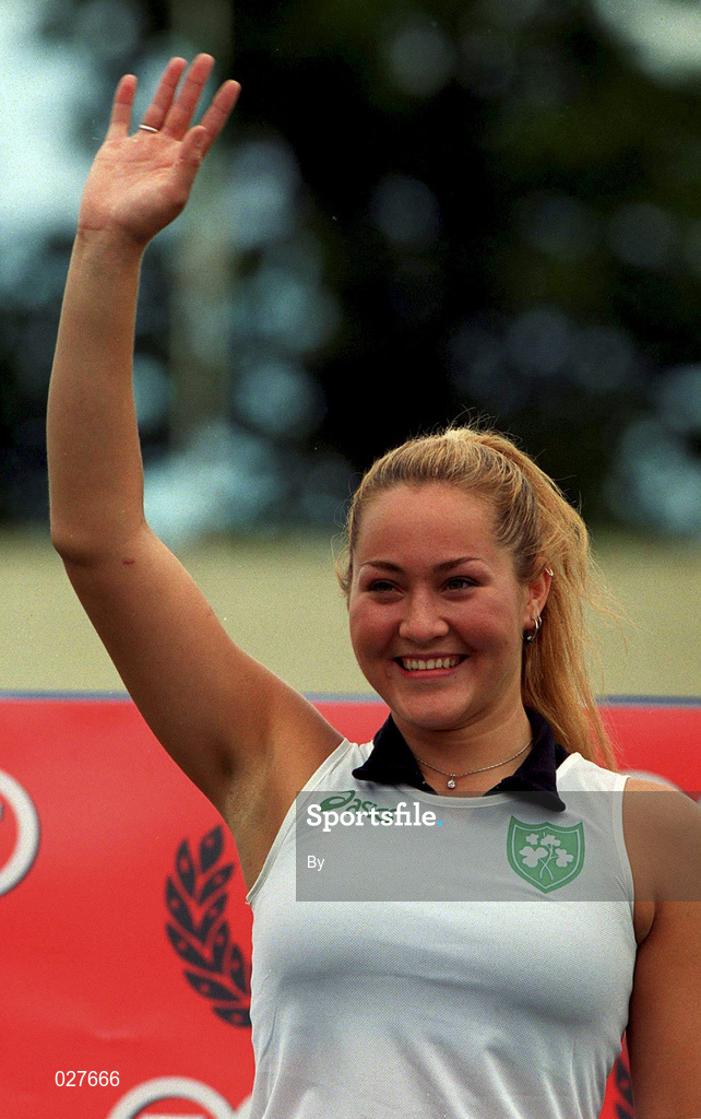 25 July 1999; Bridget Pearson acknowledges the crowd before being presented with her women's pole vault event gold medal, which she won in a national record height of 3.20m, during day two of the TNT Irish National Senior Track & Field Championships at Santry Stadium in Dublin. Photo by Matt Browne/Sportsfile