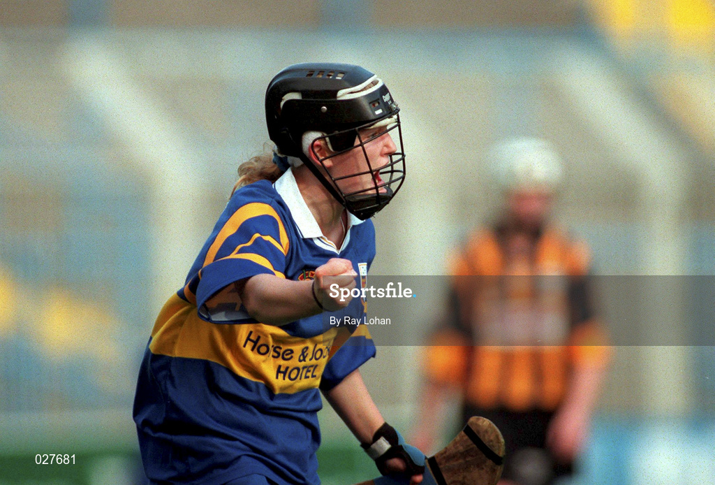 5 September 1999; Caitriona Hennessy celebrates after scoring her side's winning point during the Bórd na Gaeilge All-Ireland Senior Camogie Championship Final between Tipperary and Kilkenny. Photo by Ray Lohan/Sportsfile