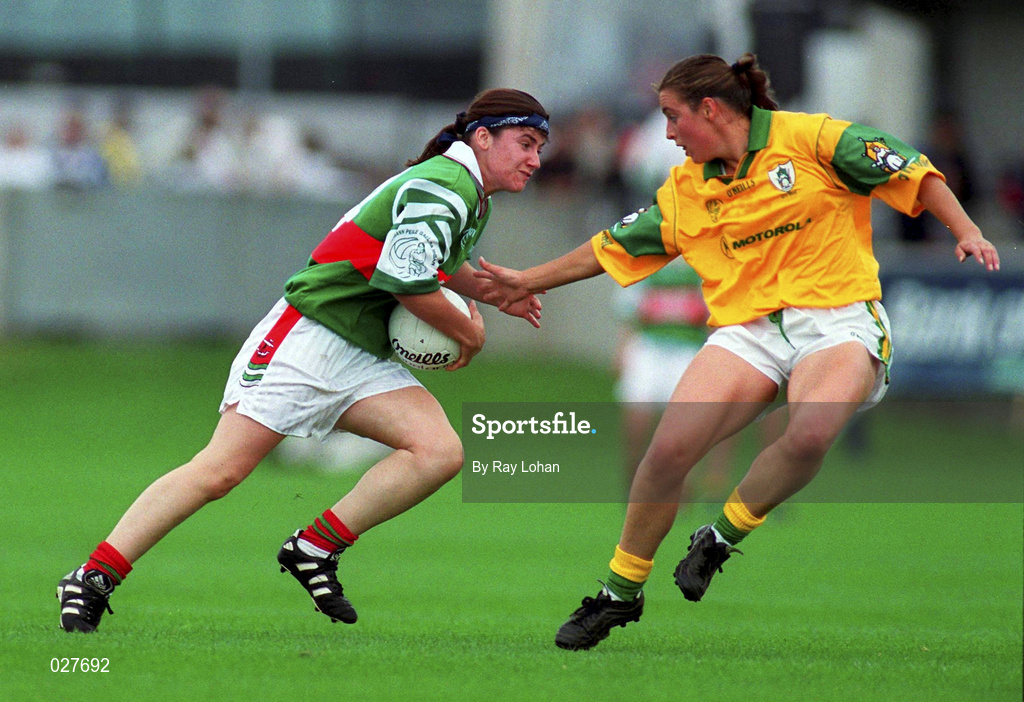 4 September 1999; Christina Heffernan of Mayo in action against Ann Marie Dennehy of Meath during the All-Ireland Senior Ladies Football Championship Semi-Final between Mayo and Meath at Parnell Park in Dublin. Photo by Ray Lohan/Sportsfile
