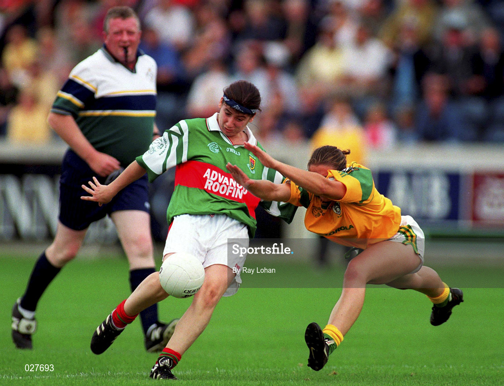 4 September 1999; Christina Heffernan of Mayo in action against Ann Marie Dennehy of Meath during the All-Ireland Senior Ladies Football Championship Semi-Final between Mayo and Meath at Parnell Park in Dublin. Photo by Ray Lohan/Sportsfile