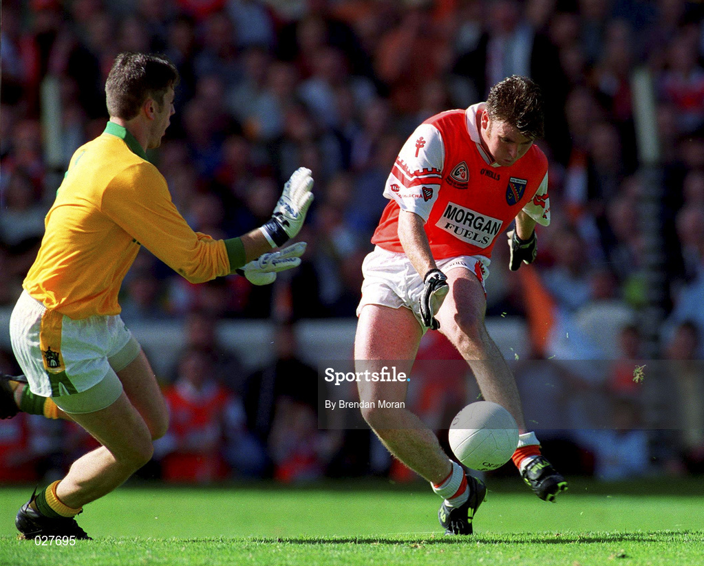 29  August 1999; Armagh's Kieran Hughes shots to score his side's second goal past Meath goalkeeper Cormac Sullivan during the Bank of Ireland All-Ireland Senior Football Championship Semi-Final match between Meath and Armagh at Croke Park in Dublin. Photo by Brendan Moran/Sportsfile
