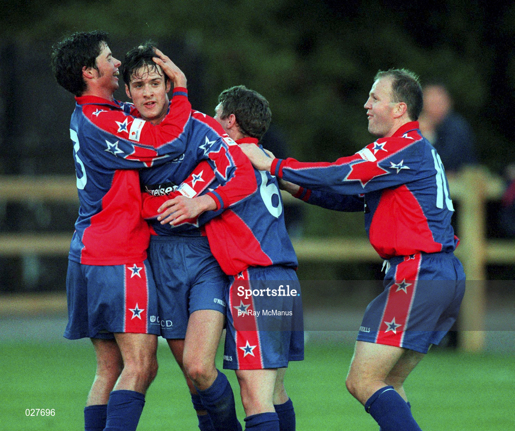 20 August 1999; Ciaran Martyn, second from left, celebrates with his UCD team-mates Alan Mahon, left, Ciaran Kavanagh, 6, and Peter Hanrahan, right, after scoring their first goal during the Eircom League Premier Division match between UCD and St Patrick's Athletic at Belfield Park in Dublin. Photo by Ray McManus/Sportsfile