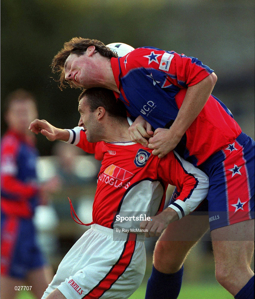 20 August 1999; Ian Gilzean of St Patrick's Athletic in action against Clive Delaney of UCD during the Eircom League Premier Division match between UCD and St Patrick's Athletic at Belfield Park in Dublin. Photo by Ray McManus/Sportsfile