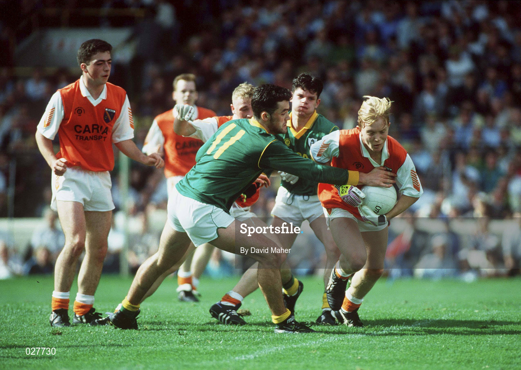 20 September 1992; Conor Wilson of Armagh in action against Caimhin Hall of Meath during the All-Ireland Minor Football Championship Final between Meath and Armagh at Croke Park in Dublin. at Croke Park in Dublin. Photo by David Maher/Sportsfile