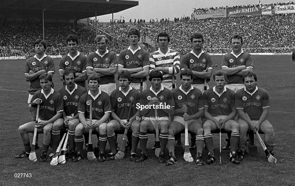2 September 1984; The Cork team, back, from left, Donal O’Grady, Tomas Mulcahy, Tim Crowley, Kevin Hennessy, Ger Cunningham, Jimmy Barry Murphy and John Crowley, with, front Tony O’Sullivan, Denis Mulcahy, Dermott McCurtain, Tom Cashman, John Fenton, John Hodgins, Pat Hartnett and Seanie O’Leary prior to the All-Ireland Senior Hurling Championship Final between Cork and Offaly at Semple Stadium in Thurles, Tipperary. Photo by Ray McManus/Sportsfile