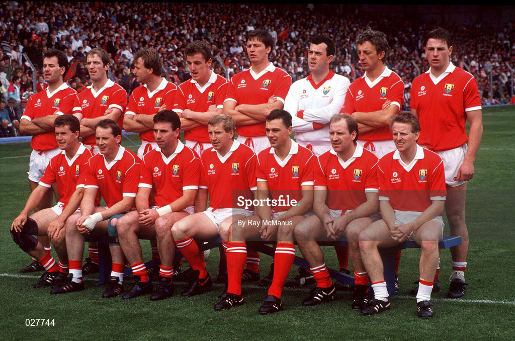 17 August 1989; Cork team, back, from left, Michael Slocum, Larry Tompkins, Teddy McCarthy, Barry Coffey, Shay Fahy, John Kerins, Conor Counihan, Stephen O'Brien, with, front, from left, Paul McGrath, Niall Cahalane, Jimmy Kerrigan, Dinny Allen, Tony Davis, Dave Barry and John Cleary before the All-Ireland Senior Football Championship Final between Cork and Mayo at Croke Park in Dublin. Photo Ray McManus/Sportsfile