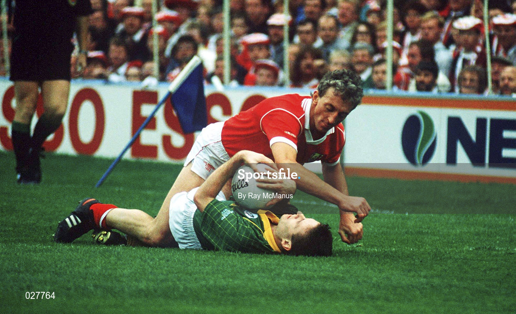 16 September 1990, Conor Counihan of Cork in action against Bernard Flynn of Meath during the All-Ireland Senior Football Championship Final between Cork and Meath at Croke Park in Dublin. Photo by Ray McManus/Sportsfile
